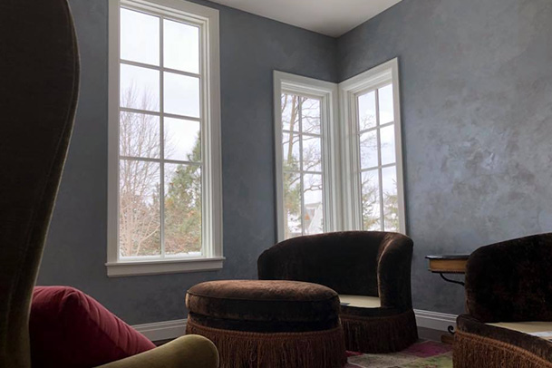 metallic blueish walls